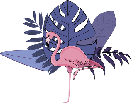 Exotic birds pink flamingo, tropical palm leaves and flowers, jungle beach seamless vector floral pattern wallpaper white backgroundのイラスト素材