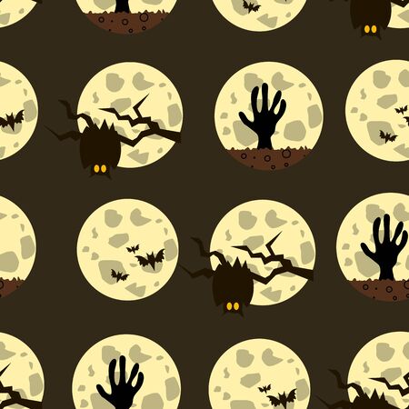 Halloween lunar festive seamless pattern background with hand drawing elements - the moon, owls, bats, zombies, grave.のイラスト素材