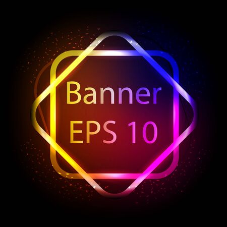Neon sign. Square frame with glowing and light. Electric bright rectangle banner design on dark backdrop. Neon abstract background with flares and sparkles. Vintage vector illustration.のイラスト素材