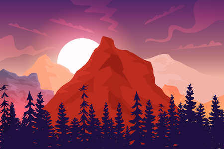 Sunset in the mountains, beautiful landscape, big sun, forest silhouette. Can be used as background and wallpaper.のイラスト素材