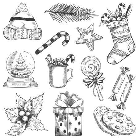 Set of cookies, hat, sock, glass ball, hot drink, gift, holly holly Sketch styleのイラスト素材