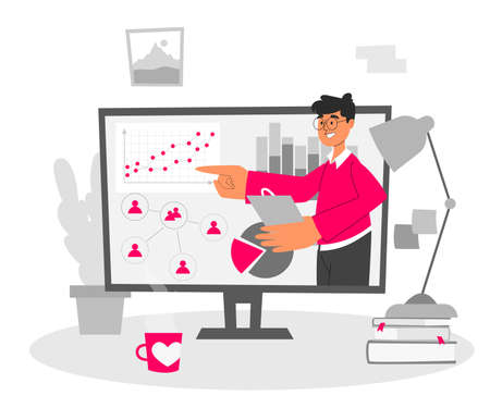 Online learning concept. Desktop with computer and teaching materialsのイラスト素材