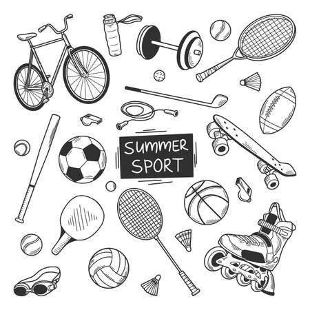 Hand drawn sport equipment icon set in doodle style. Vector illustration isolated on white background.のイラスト素材