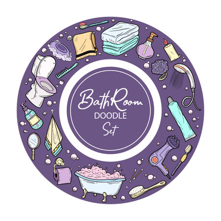 Hand drawn color Bathroom icons set. Vector illustration home bath symbols collection. Doodle sketch toilet, shower, bathtub, lavatory, towel, robeのイラスト素材