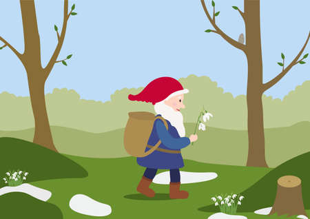 A gnome is walking in the spring forest. He is carrying snow drops. Flat illustration. Concept illustration. Perfect for books illustration or posters.のイラスト素材