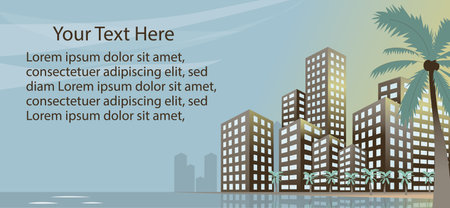 Summer beach concept downtown city with skyscrapers and palm trees banner or poster.のイラスト素材