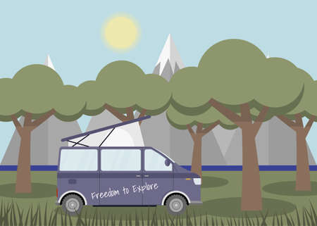 Caravan in a forest. Local summer vacation. Concept vector illustration.のイラスト素材