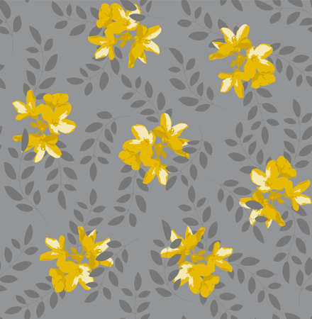 Botanical seamless pattern with yellow flowers and grey leaves on gray background.のイラスト素材