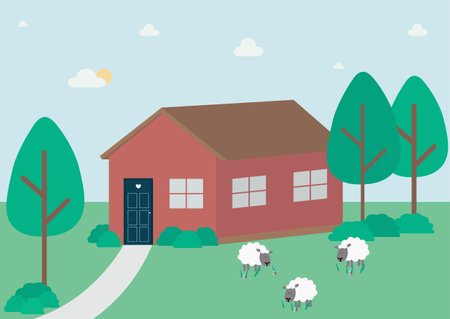 Rural landscape with a house, trees and sheep in the countryside. Vector flat style concept illustration.のイラスト素材