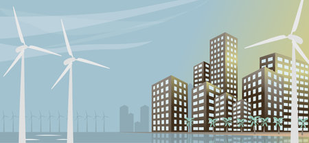 Eco urban city landscape with windmills, buildings and palm trees.のイラスト素材