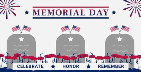 USA Memorial Day greeting card with a tomb, a flag, poppy and firework.のイラスト素材