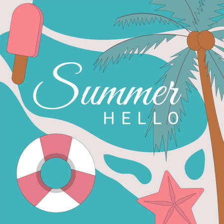 Hello summer vector banner with beach elements and text typography.のイラスト素材