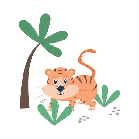 Cute tiger is hiding in the bushes in the jungle. Nursery vector concept illustration. Perfect for poster, wallpaper, print or greeting card.のイラスト素材