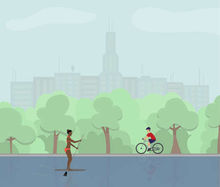 Summer in the city park with cyclist and paddling african american girl concept vector illustration. Perfect for internet publication or printing in magazines.のイラスト素材