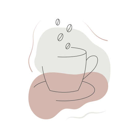 A cup of coffee with coffee beans in pastel colours in minimalism linear style.のイラスト素材