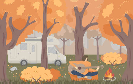 Caravan or camper in the autumn forest with a girl playing the guitar. Concept vector illustration in a flat style.のイラスト素材