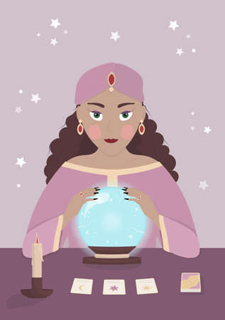Gypsy fortune teller with crystal ball, tarot and candle on the table. Concept vector illustration in a flat style.のイラスト素材
