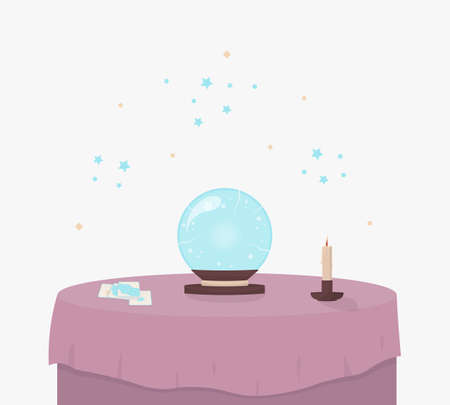 Crystal ball, tarot and candle on the table. Concept vector illustration in flat style.のイラスト素材