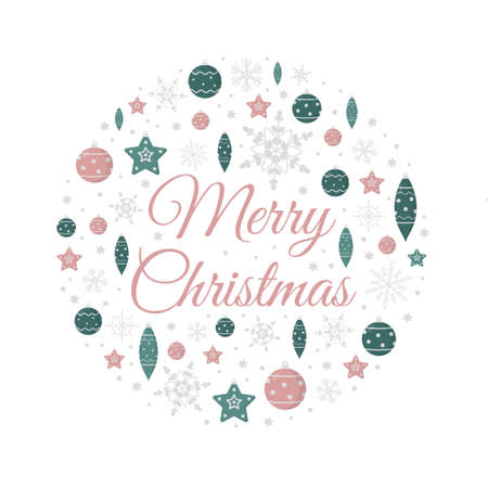 Vector square Christmas greeting card with balls, snowflakes, stars, snow and lettering on white background.のイラスト素材