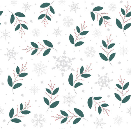 Christmas seamless vector pattern with ilex branches and snowflakes on white background.のイラスト素材