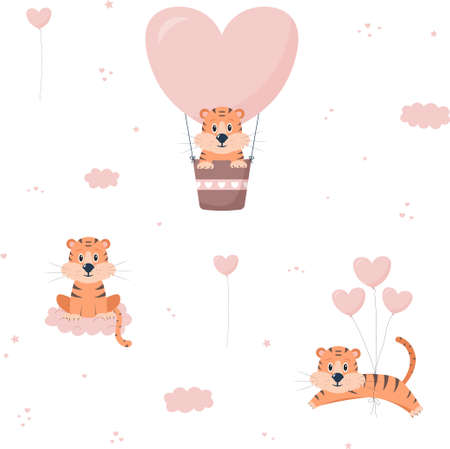 Valentines day seamless pattern with tigers, hearts, hot air balloon, clouds and stars. Vector flat illustration.のイラスト素材