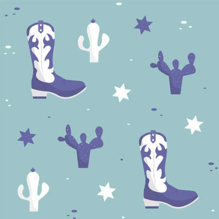 Seamless vector pattern with cowboy boots, cactus and sheriff badge on turquois background.のイラスト素材