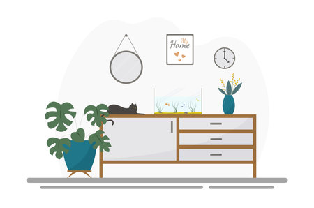 A modern cozy living room interior with a black cat. Concept vector illustration in flat style.のイラスト素材