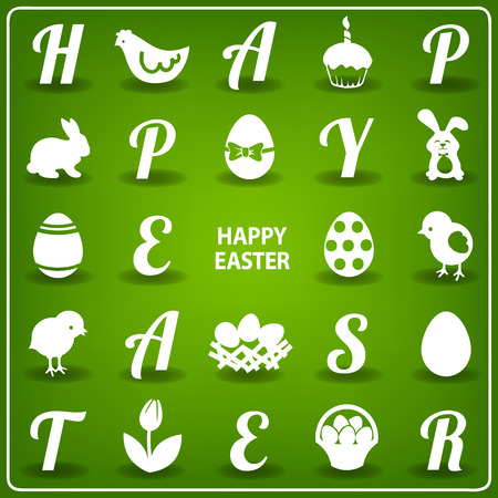 Easter set - bunnies, eggs, basket, letters and other graphic elementsのイラスト素材