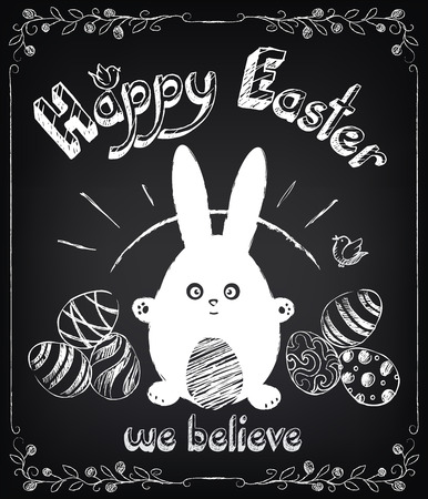  Vintage Happy Easter card with cute rabbit and eggs. Chalking, freehand drawingのイラスト素材