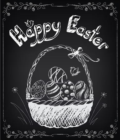 Vintage Happy Easter card with basket, eggs. Chalking, freehand drawingのイラスト素材
