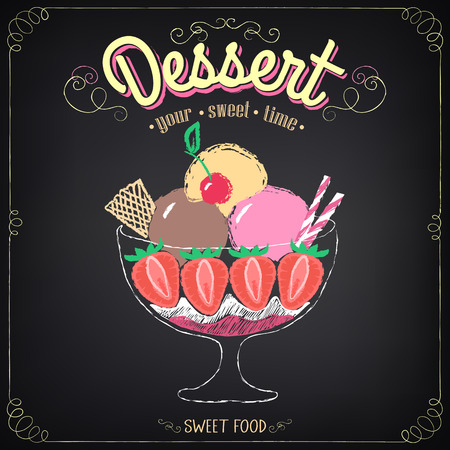 Vintage card Desserts with ice cream and strawberries. Chalking, freehand drawingのイラスト素材