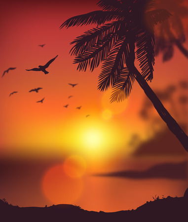 Summer poster   Sunset tropical beach with palm trees   Vector EPS 10  のイラスト素材