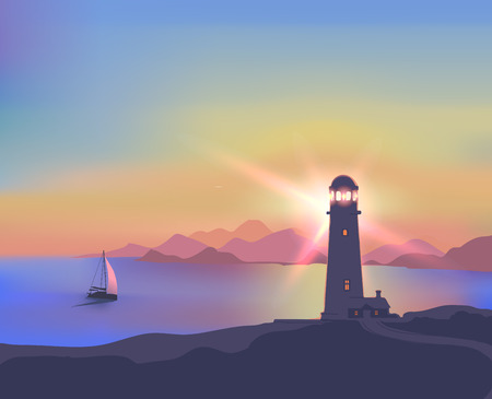 Card with a beautiful sunset, sea, lighthouse, ship, mountains  のイラスト素材