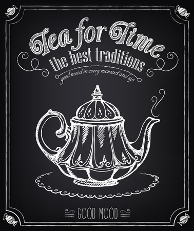 Illustration with the words Time for tea and teapot. Freehand drawing with imitation of chalk sketchのイラスト素材
