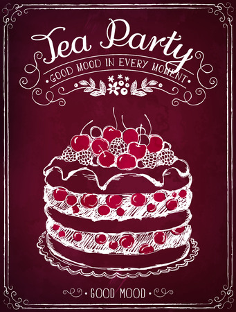 Illustration with the words Tea party and berry cake. Freehand drawing with imitation of chalk sketchのイラスト素材