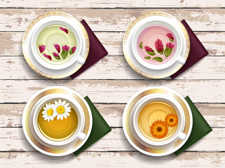 Set of cups of herbal tea on a table with vintage texture. View from aboveのイラスト素材