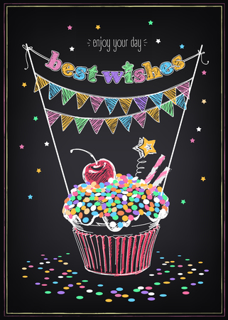 Invitation to the birthday party with a cupcake and confetti. Freehand drawing with imitation of chalk sketchのイラスト素材
