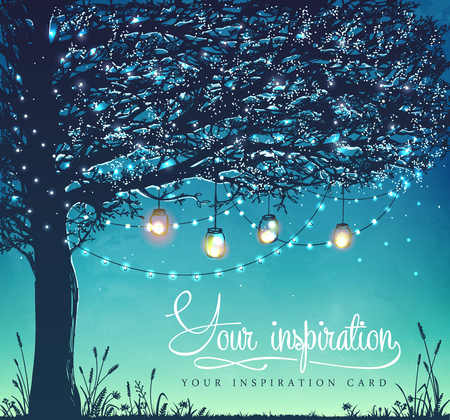 Hanging decorative holiday lights for a back yard party, wedding, date, birthday. Inspiration card. Garden party invitationのイラスト素材