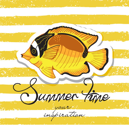 Summer illustration, background. Fun quote with ocean yellow fish. Hand lettering inspirational typography poster for diving or fish restaurant menuのイラスト素材