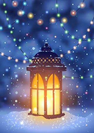 Vintage lantern and magical snowfall at the winter night spruce forest background. Hanging holiday lights for a Christmas partyのイラスト素材