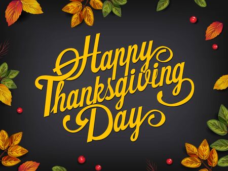 Vector illustration Happy thanksgiving day with autumn leaves on blackboard. The concept of seasonal and public holidays.のイラスト素材