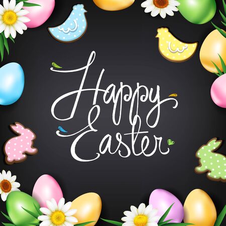 Ester greeting card. Sketch of flowers on a chalk board and painted eggs.のイラスト素材