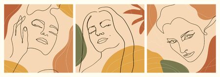 Modern abstract outline faces. Contemporary female silhouettes. Set of three hand drawn portraits. Trendy vector illustrations. Continuous line, minimalistic concept. Pastel colors, watercolor shadesのイラスト素材