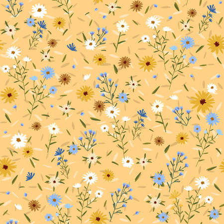 Abstract collection of seamless patterns with chamomile. Trendy hand drawn textures for printing on fabric, paper, cover, interior decor. Design for banner, poster, card, invitation and scrapbook.のイラスト素材