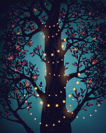 Hanging decorative holiday lights for a back yard party, wedding, date, birthday, poster....
