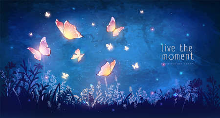 Vector illustration with magical glowing butterflies flying in the garden at night. Inspiration card.のイラスト素材
