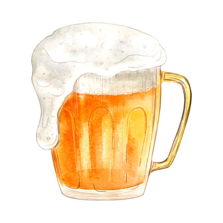 A mug of golden beer with white foam, highlighted on a white background, digital watercolor illustration. An element of textile, interior design, clothing, wallpaper, tableware, stationeryの写真素材