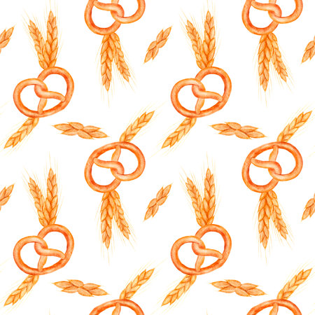 A pattern with a brezel and a malt plant, highlighted on a white background, digital watercolor illustration.の写真素材