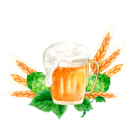 Composition of elements: beer, malt, hops, digital watercolor illustration. Template design for Octoberfest, textiles, interior, clothing, wallpaper, tableware, stationery.の写真素材