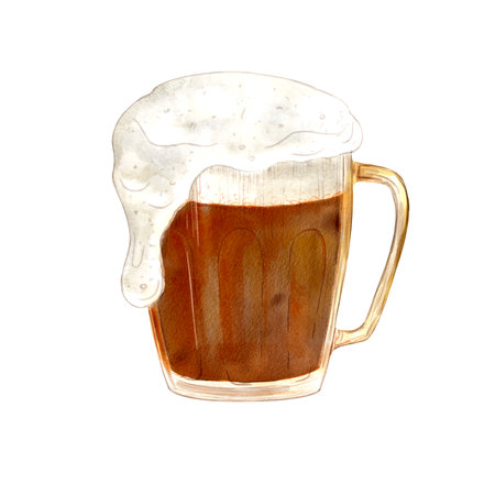 A mug of dark beer with white foam, highlighted on a white background, digital watercolor illustration. An element of textiles, interior design, clothing, wallpaper, tableware, stationery.の写真素材